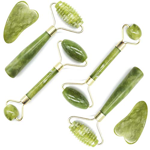 TIHOOD 6-Piece Natural Jade Roller and Gua Sha Facial Massage Tool Set