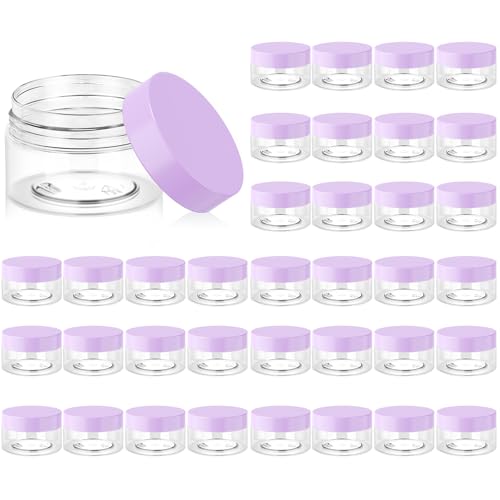 Eternal Moment 36 Pack 1 Oz Clear Plastic Cosmetic Jars with Purple Lids