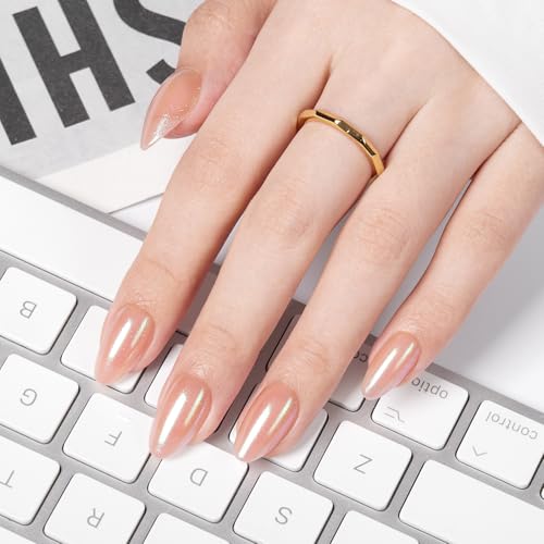 VSALON Short Almond Press On Nails E1-Luster Nude Pink Pearl Chrome