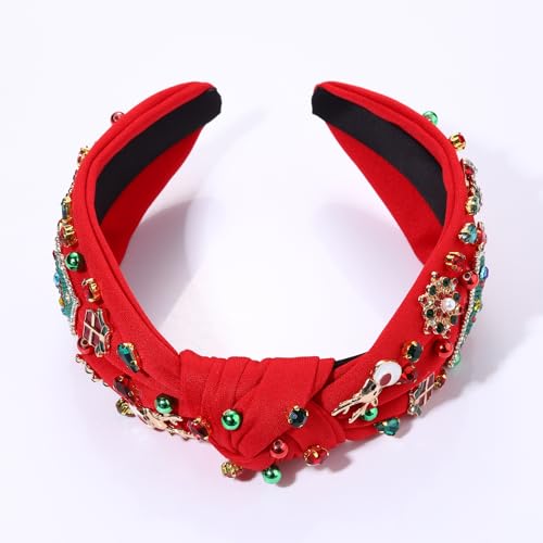NVENF Plaid Christmas Headband with Pearls and Crystals - Wide Knot