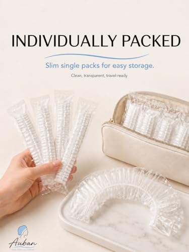Auban 100Pcs Disposable Shower Caps 20.5" Large, Individually Packaged, Clear Plastic Waterproof Hair Caps
