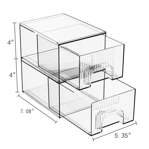 ZHIAI 2 Short Pack Clear Stackable Cosmetic Organizer - Acrylic Drawer Storage for Makeup, Vanity, Kitchen