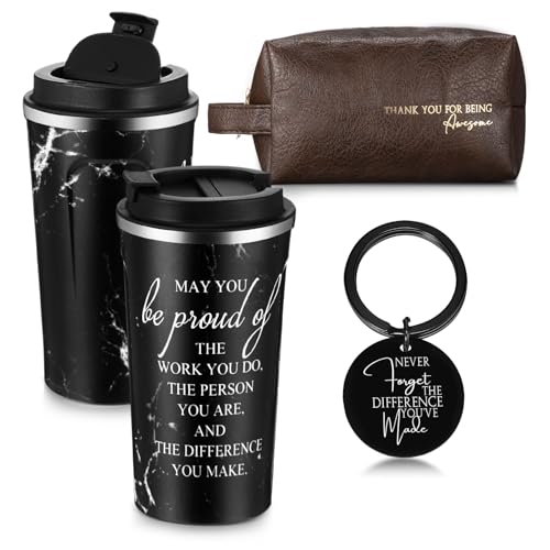 Thank You Gift Set for Men 17 oz Tumbler with Lid + Leather Toiletry Bag, Obsidian Style + Inspirational Keychain (Roshtia)