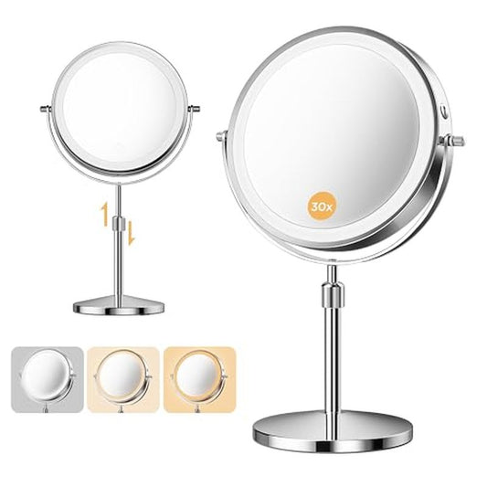 Makeup Mirror, 1X/30X Double Sided Magnifying Mirror with 3 Colors, 3200 mAh Rechargeable Vanity Mirror with 360¡Æ Rotation, Brightness Adjustable Light up Mirror, Women Gift (Gray)