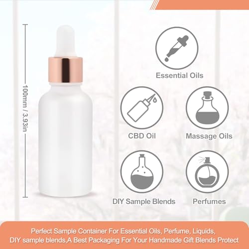 Furnido 1 Oz (6 Pack) Frosted Glass Essential Oil Dropper Bottles with Rose Gold Caps