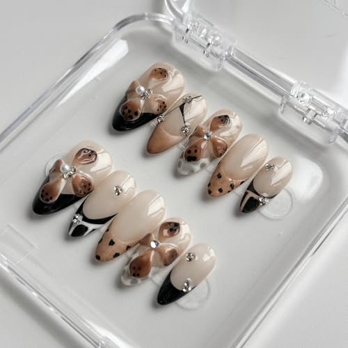 MABKJLF M-A14 Luxury Short Almond Press-On Nails with 3D Designs - Reusable Fake Nails with Rhinestones & French Tips, Glossy Brown, Thick Acrylic, Complete Nail Kit