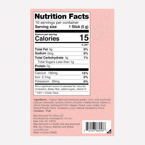 Osulloc Collagen Matcha Drink Mix - Strawberry & Peach Flavor, 10 Count