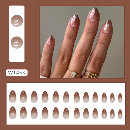 Sevgob Solid Almond-36 Short Ombre Brown Press-On Nails 24pcs Fall Gradient Fake Nails