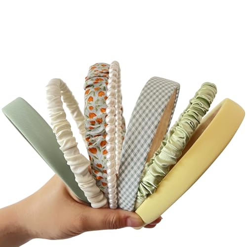 YONOY 7-Piece Fashion Headband Set for Women & Girls, Non-Slip Floral Pearl Wide Headbands (Green)
