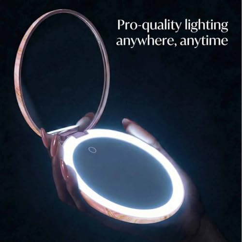 Fancii Taylor LED Lighted Travel Makeup Mirror, Rechargeable, 10x /1x Magnifying, Tru-Glow Lighting System, XL Large 5¡± Wide | Compact Mirror for Purses (Marble Rose)