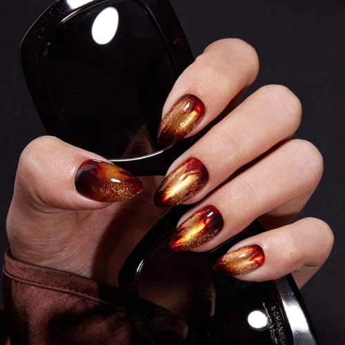 VSALON Press on Nails Short Almond - A2 Warm Fireplace, Golden Cat Eye Flame Design, 32 PCS