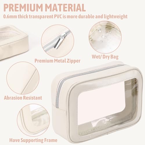 White 3Pcs Clear TSA Travel Makeup & Toiletry Bag Set, Zipper Organizer Pouches