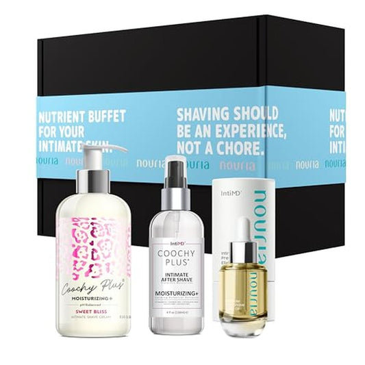 Coochy Plus HydroLock MOISTURIZING+ 3-Steps Kit Intimate Shave Gift Set: NOURIA Pre-Shave Elixir Oil + Coochy Plus Shave Cream Sweet Bliss + Coochy Plus After Shave Protection Mist
