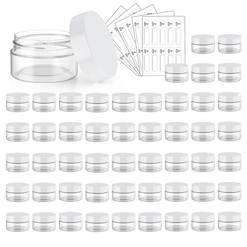 50 Pack 1oz Clear Plastic Cosmetic Jars with White Lids and Labels