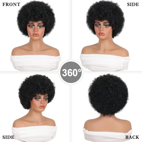 GKtineke 8 Inch Afro Wig for Black Women - Natural Black 70s Curly Short Wig