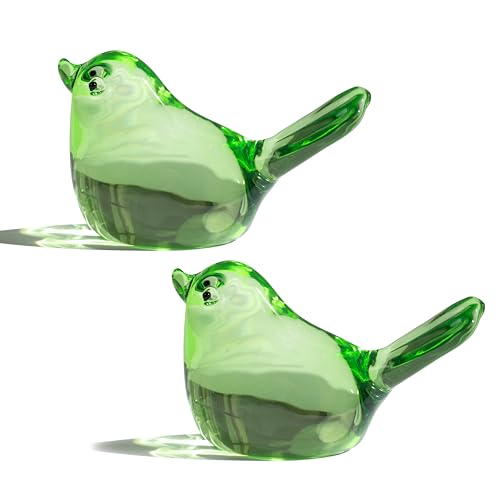 Handmade Blown Glass Bird Figurines Set of 2 - Green Crystal Home Decor