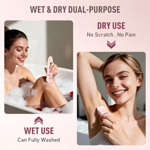 Bikini Trimmer for Women, 3-in-1 Electric Razor, IPX7 Waterproof Ceramic Blades, Wet & Dry Use, LED Display, Painless Shaver for Bikini, Face, Underarms, Legs, Home Travel (Pink)
