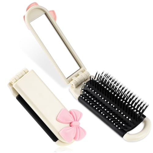Folding Travel Hair Brush with Removable Mirror - Cream