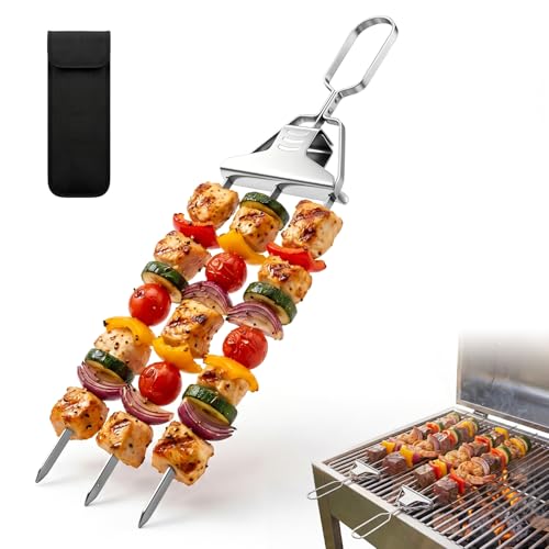 Saker 14.7 Inch Stainless Steel BBQ Skewers - 3 Prong Kabob Sticks with Push-Off Slider