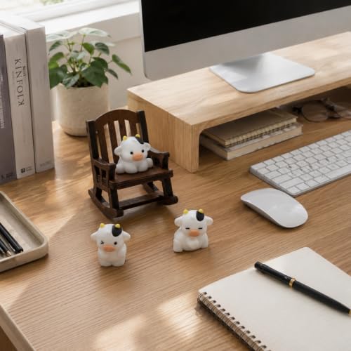 Mini Cow Figurines with Wooden Rocking Chair Desk Decoration