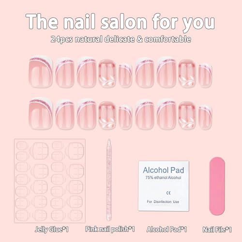 24 Pcs Short Square Press on Nails - Rose Gold Glitter French Tips