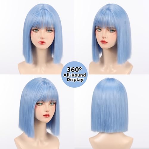 Sky Blue Short Bob Wig for Women 12 Inch Heat-Resistant Synthetic Hair for Daily & Party Use