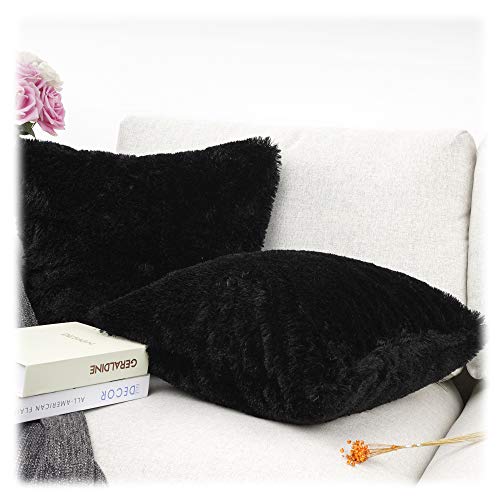 Luxury Merino Faux Fur Throw Pillow Covers - Set of 2, 18"x18" (Black)