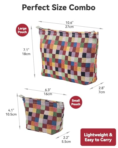 2-Piece Checkered Makeup Bag Set - Canvas Cosmetic Pouch & Travel Organizer