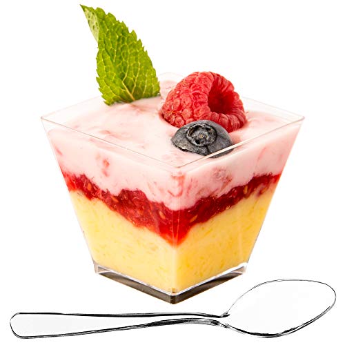 50 Clear Plastic Mini Dessert Cups with Spoons - 2oz Parfait Bowls