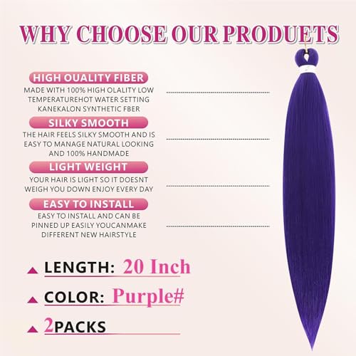 20 Inch Purple Pre-Stretched Braiding Hair Extensions - 2 Packs