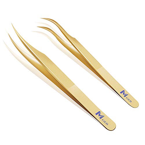 MGER Gold Lash Tweezers Pack of 2 - Curved & Dolphin-Shaped Eyelash Extension Tools