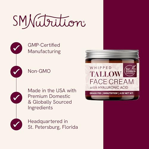 SMNutrition 4oz Beef Tallow Face Moisturizer with Hyaluronic Acid & Jojoba Oil