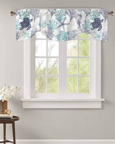 Coastal Tie Up Valance Curtains - Teal Blue 54"x18" for Kitchen & Bathroom