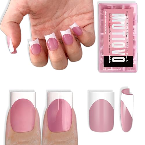 MUTIOVO Short Straight Square Nail Tips - White French Tip Berry Pink, 150 pcs