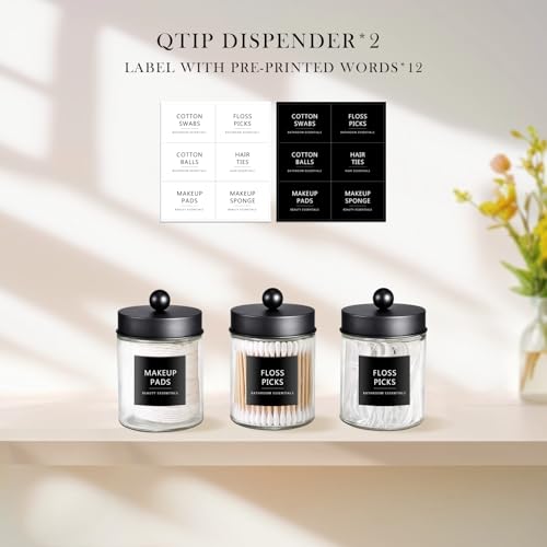 SheeChung Glass Qtip Holder Set with Black Stainless Steel Lids