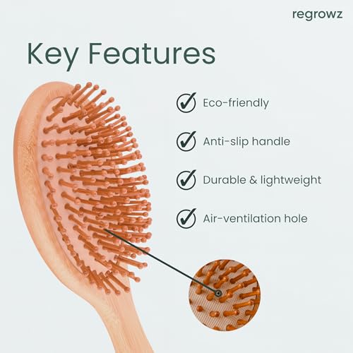 Regrowz Bamboo Paddle Hair Brush - Natural Wooden Detangler for All Hair
