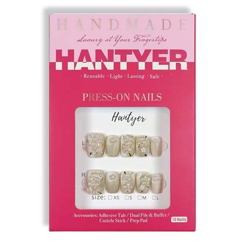 Hantyer Press On Nails Short Coffin Cat Eye 3D Floral Pearl Tea – Size M, Reusable