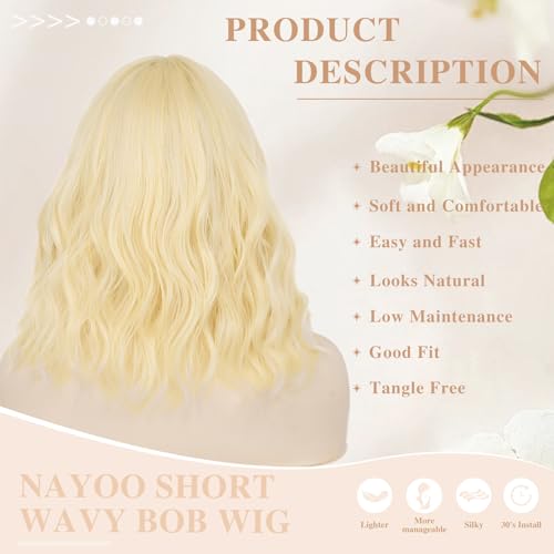 NAYOO 14-Inch Short Blonde Bob Wig with Bangs - Synthetic Heat-Resistant