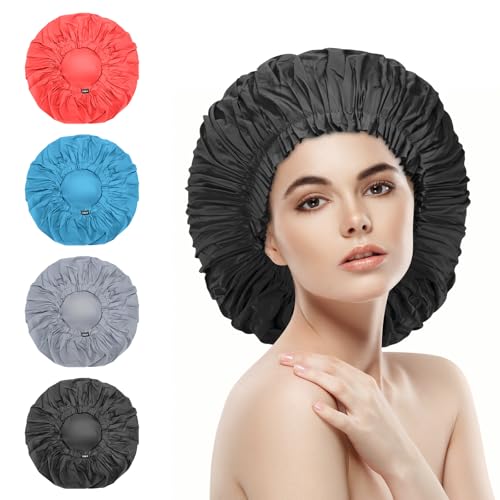 ELEBOX 4-Pack Premium Extra Large Shower Cap Jumbo 15 inch - Waterproof Spa/Braids Bonnets (Black, Blue, Gray, Red)