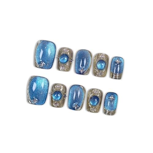 Hantyer Baroque Blue Cat Eye Press On Nails - Luxury Gold Coffin Set