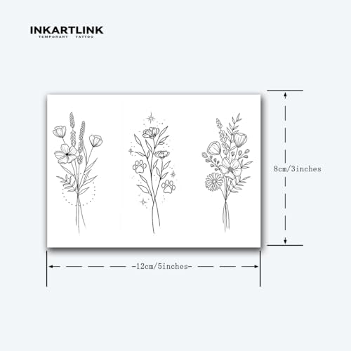 INKARTLINK Semi-Permanent Flower Tattoo Sheets M10 - 3 Bunches of Flowers, Waterproof & Long-Lasting