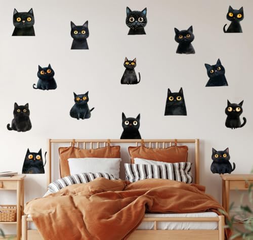 Watercolor Black Cat Wall Stickers - 15 Vinyl Decals for Kids Room