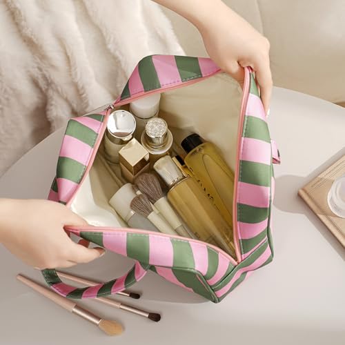 Large Stripe Travel Cosmetic Bag with Handle - Green Pink Variation
