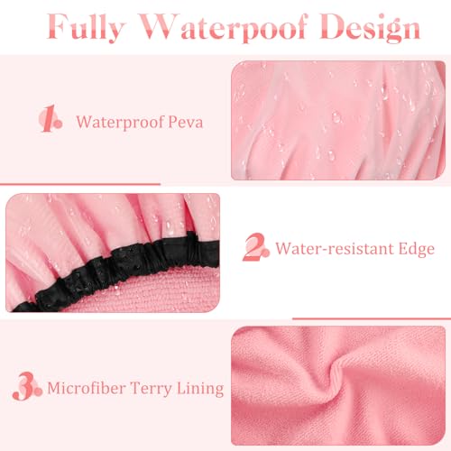 WAMFLUY Pink Reusable Waterproof Shower Cap for Women with Long Hair, Adjustable & Extra Large