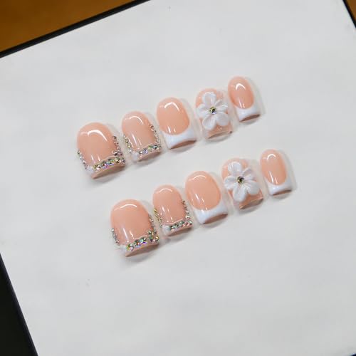 ARTIXY Short Square Press On Nails, Reusable French 3D Acrylic Fake Nails