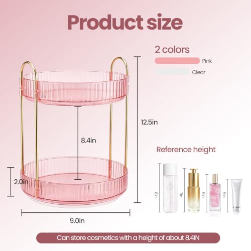 Delnor Pink Rotating Makeup Organizer Countertop 2-Tier Lazy Susan Stand