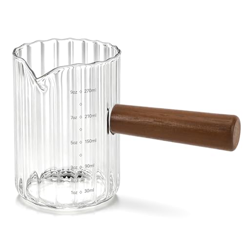 9 Oz Espresso Measuring Cup with Wood Handle - Glass Milk Frother