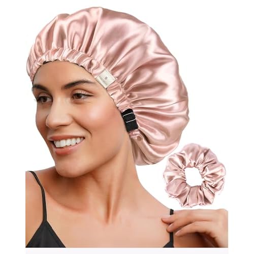 YANIBEST Adjustable Satin Bonnet Double Layer Hair Bonnet for Sleeping Bonnets for Women Hats Curly Natural Hair, Blush Pink