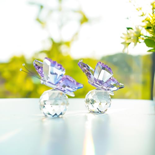 KANPURA Crystal Butterfly Figurines - 2 Pcs Purple Glass Statues