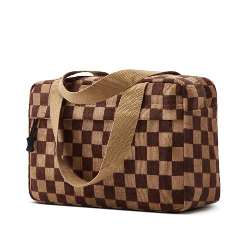Dark Brown Checkered Makeup Bag for Women - Corduroy Cosmetic Organizer